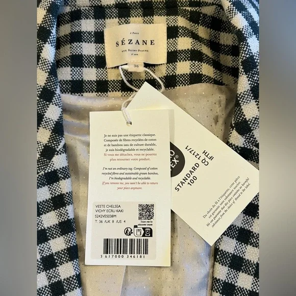 NWT Sézane Chelsea Blazer Dark Green (almost black) & Ecru Gingham Linen SZ 4 - Picture 6 of 11